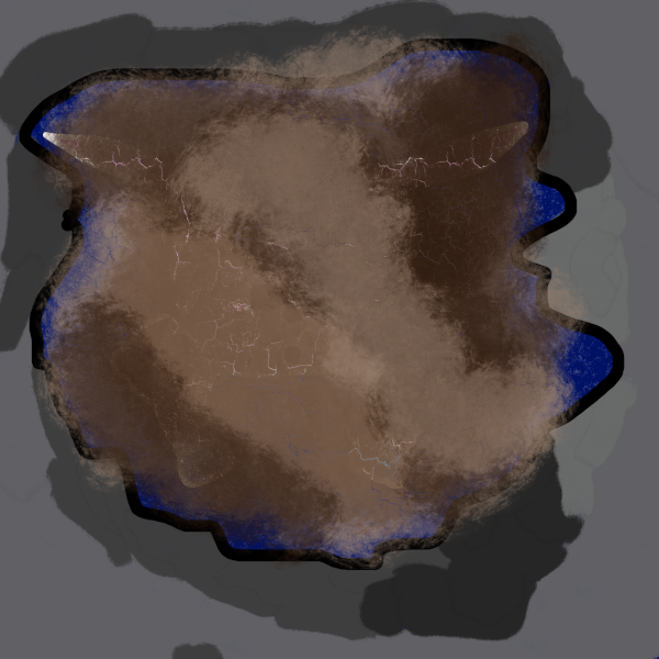 A drawing of an underwater cave with a bunch of dirt in the water. You can just make out the edges of a diver and see bits of blue along the edges of the cave The rest is covered in dirt of various shades of brown